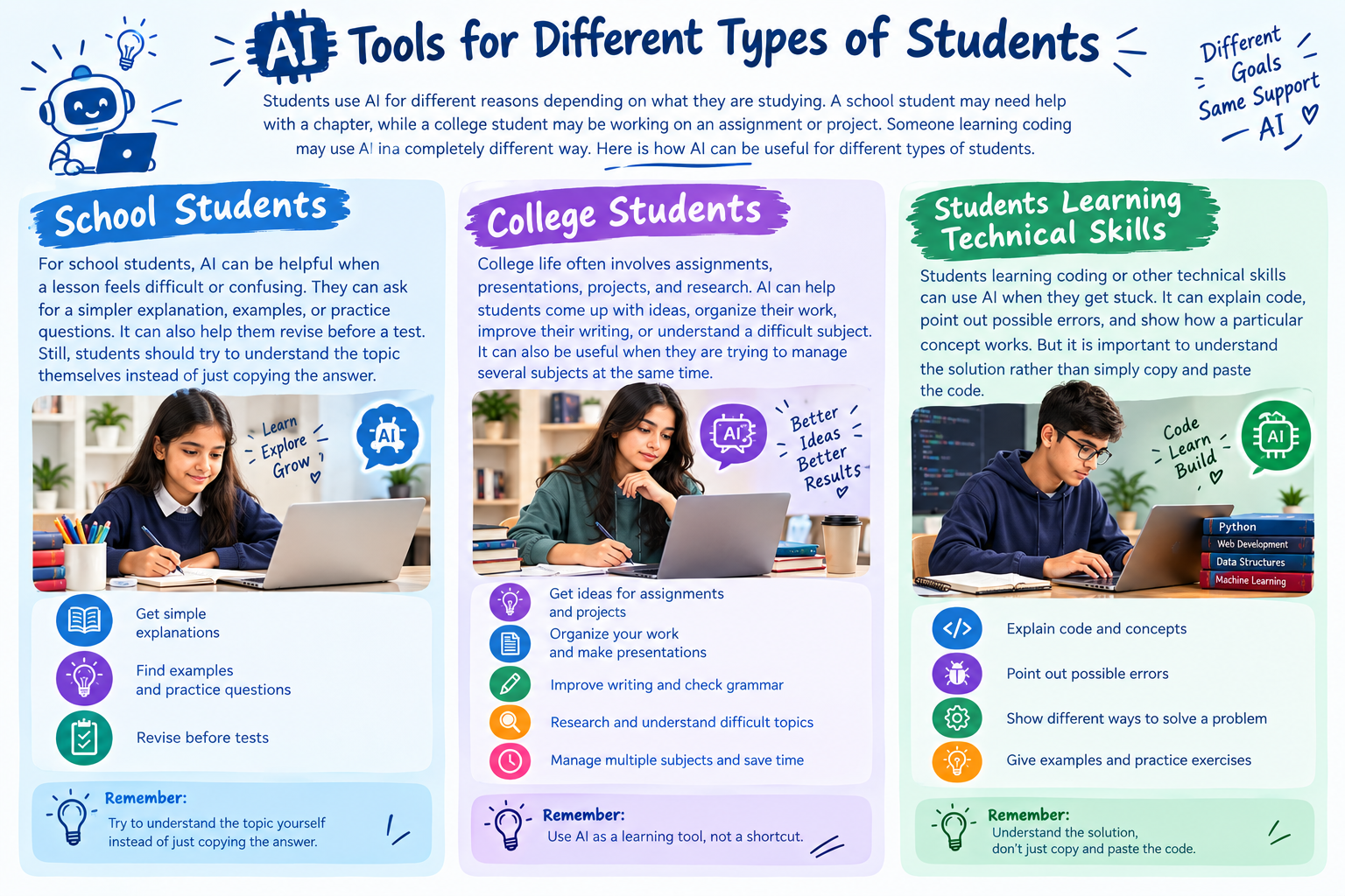 “AI Tools for Different Types of Students,” explaining how artificial intelligence can support school students, college students, and students learning technical skills. The school student section highlights using AI to understand difficult lessons, find examples, practice questions, and revise for tests. The college student section explains how AI can help generate assignment ideas, organize projects, create presentations, improve writing, check grammar, conduct research, and manage multiple subjects. The technical skills section shows how students can use AI to understand coding concepts, identify errors, explore different problem-solving methods, and practice programming. Featuring students learning with laptops, the infographic emphasizes using AI as a learning aid rather than a shortcut and encourages students to understand concepts instead of simply copying answers or code.