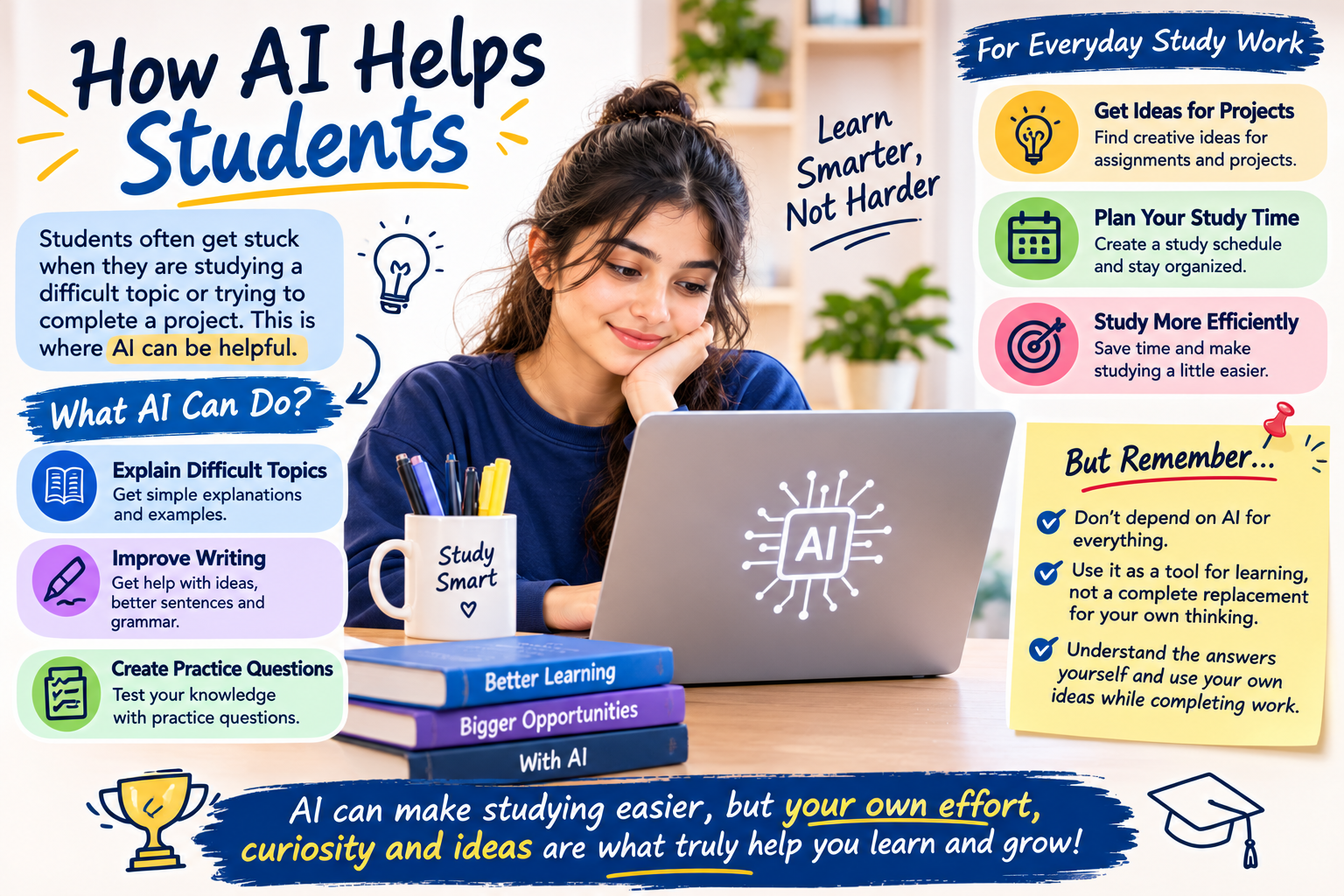 The image explains how AI can help students understand difficult topics through simple explanations and examples, improve writing and grammar, create practice questions, generate ideas for assignments and projects, and organize study schedules. It also highlights how AI can make studying more efficient and save time. A reminder encourages students not to depend entirely on AI, but to use it as a learning tool while developing their own ideas, curiosity, and critical-thinking skills. The main message is that AI can make learning easier, but personal effort and independent thinking are essential for academic growth.