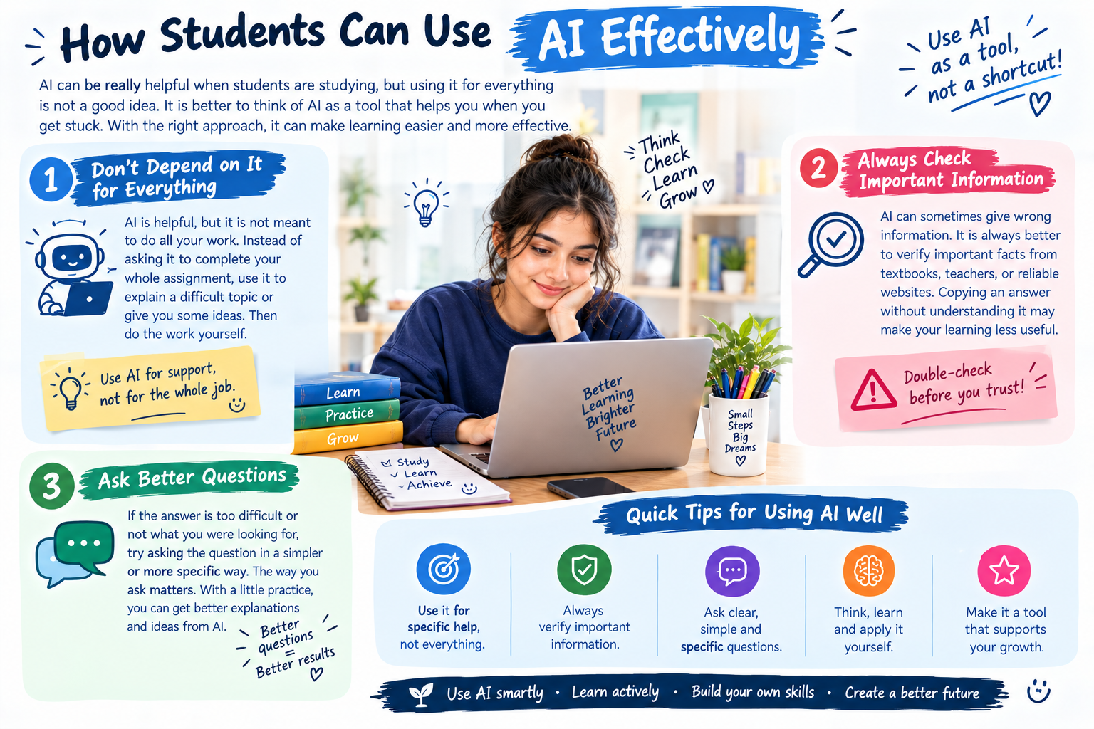 AI as a learning support rather than a shortcut, verify AI-generated information using textbooks and reliable sources, and ask clear, specific questions for better answers. The infographic also shows how AI can help students understand difficult topics, conduct research, improve writing, create presentations, and revise for exams while encouraging independent thinking and responsible AI use.