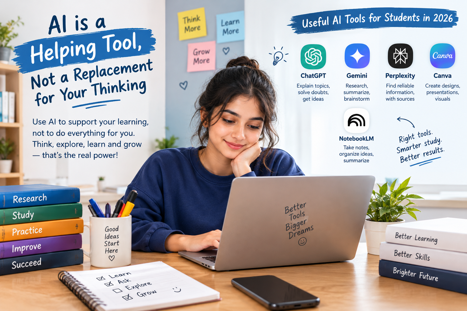 A student sitting at her desk and using a laptop in a bright, comfortable study space, surrounded by books, notebooks, pens, and a plant. The infographic highlights useful AI tools for students in 2026, including ChatGPT for understanding difficult topics and generating ideas, Gemini for research and brainstorming, Perplexity for finding reliable information with sources, Canva for creating presentations and designs, and NotebookLM for organizing notes and summarizing study materials. The image emphasizes that AI should be used as a learning assistant rather than a replacement for independent thinking. It encourages students to ask questions, explore new ideas, develop their skills, and use AI responsibly to make studying easier and more effective.